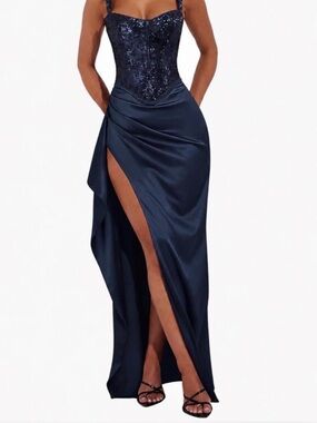 Navy blue sequin corset maxi dress